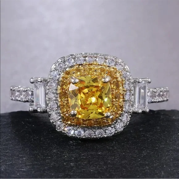 925 Stamped Sterling Silver Citrine Yellow Diamond Ring - Picture 5 of 9